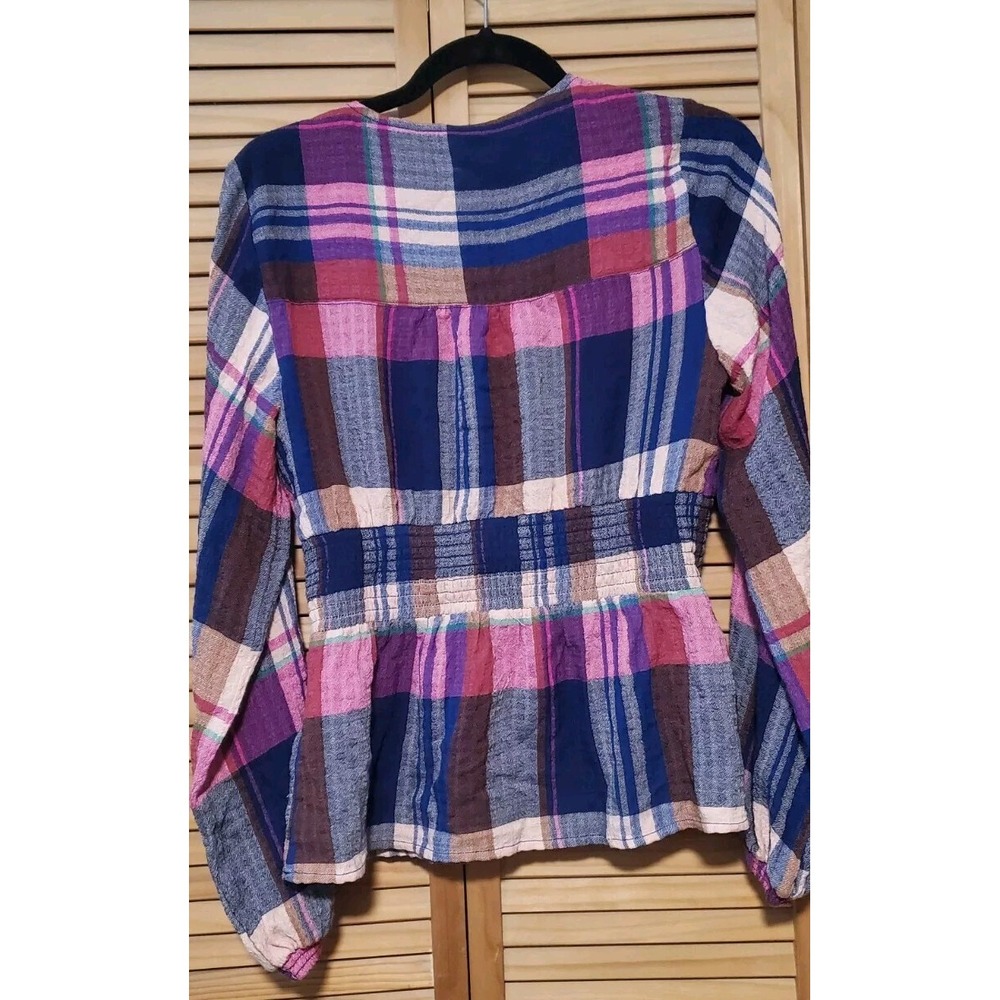 Anthropologie Pilcro Deep V Blouse Plaid Pink Medium Top Shirt Long - Picture 6 of 9